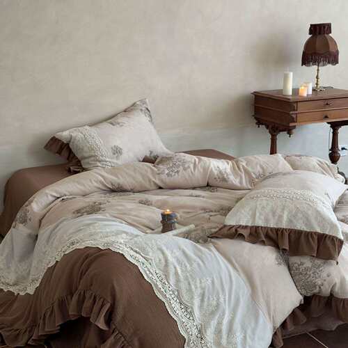 法式复古风全棉双层纱四件套纯棉纱布被套床单蕾丝花边皱皱纱床品