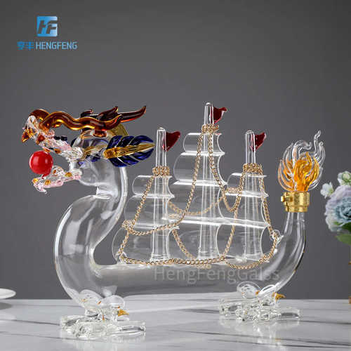 十二生肖龙舟造型工艺酒瓶 帆船龙舟1000ml创意玻璃工艺泡酒瓶