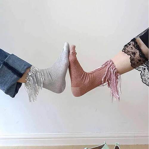 Sequin Socks For Women Vintage Glitter Line Tassel Trim Calf