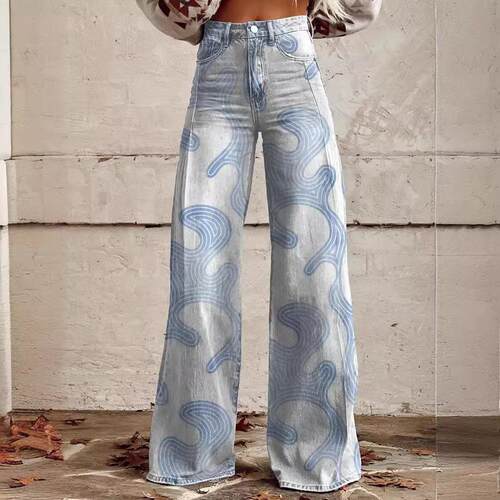 Wide leg pants, straight leg pants, printed women's bell