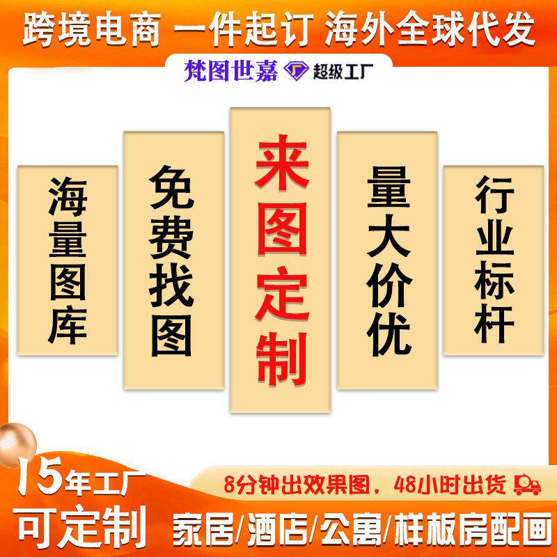 沙发无框挂画定制五连画电商外贸帆布画亚马逊画芯跨境五联装饰画