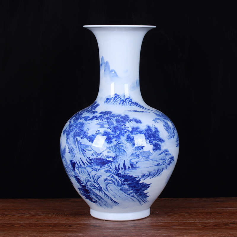 陶瓷摆件景德镇地大花瓶落陶瓷家居装饰山水画青花手工工艺品花瓶