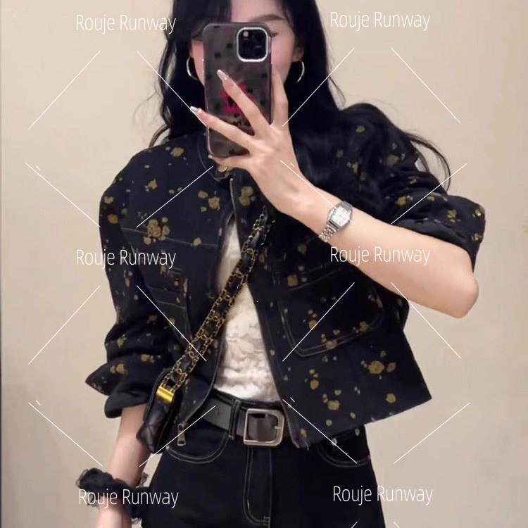 法式Rouje Runway复古花色印花牛仔外套新款时尚短款气质休闲夹克