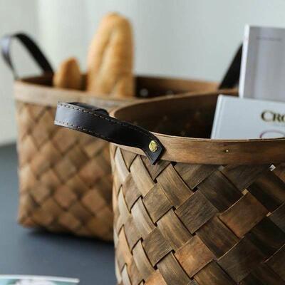 Wood chip handle woven storage basket picnic fruit bread bas