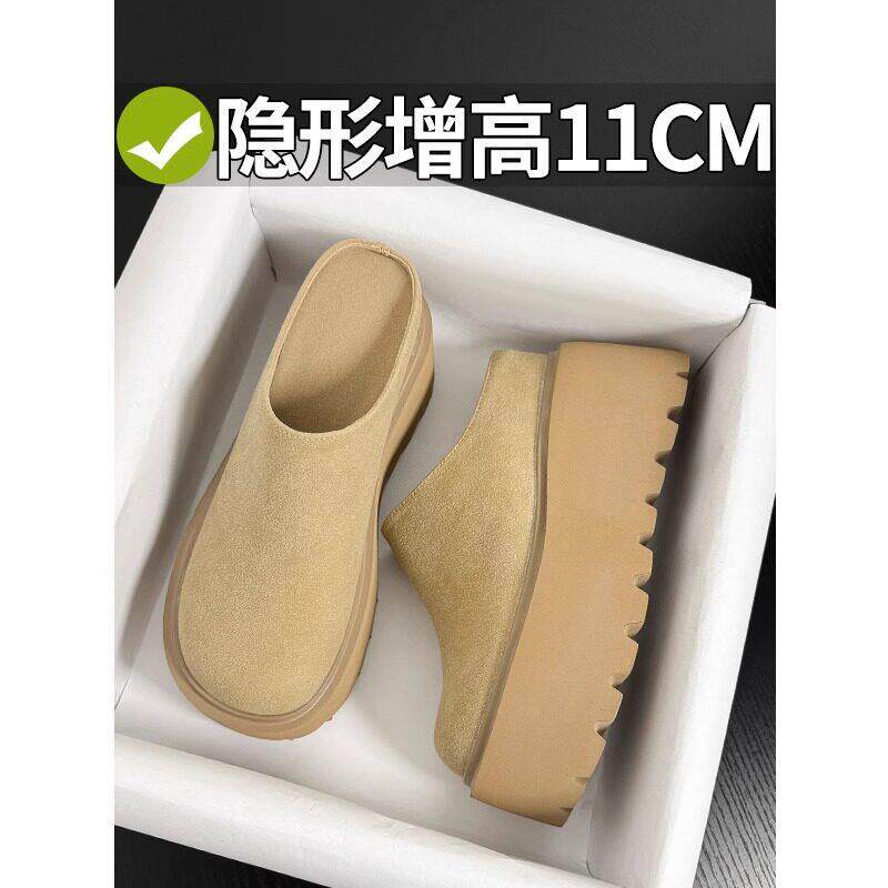 香港真皮厚底勃肯鞋女春外穿2026新款小个子松糕内增高包头半拖鞋