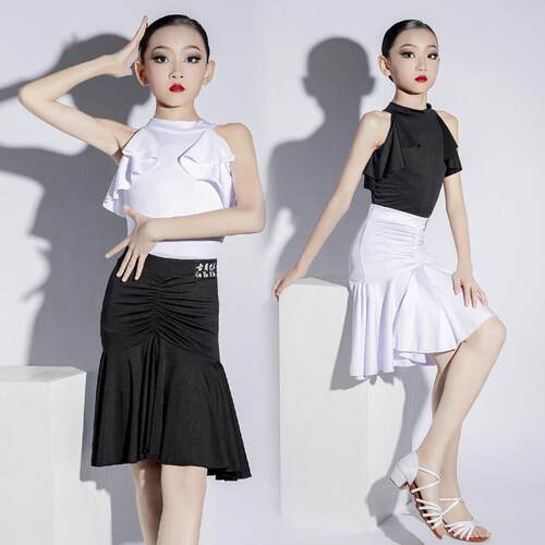 拉丁舞服女孩夏季新款儿童挂颈舞蹈裙两件式女童比赛演出服装练功