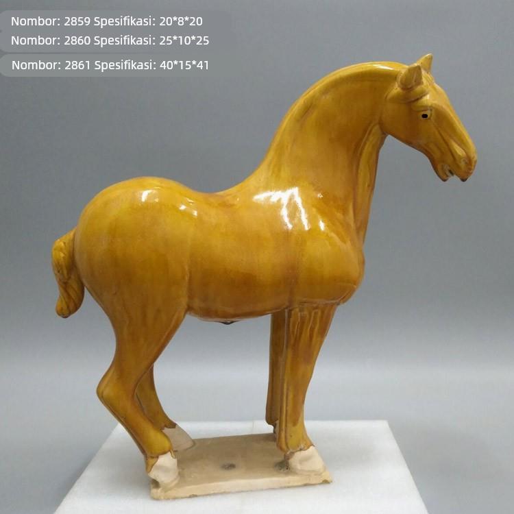 唐三彩马摆件土黄色陶瓷马古典工艺品 玄关装饰品 古玩展品定制
