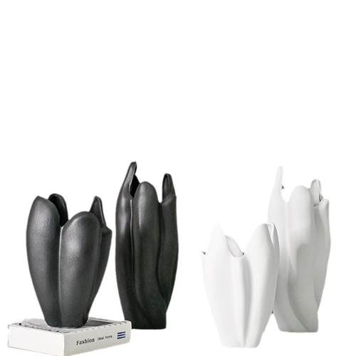 现代简约黑白色陶瓷花瓶摆件不规则花插客厅电视柜家居装饰品花器