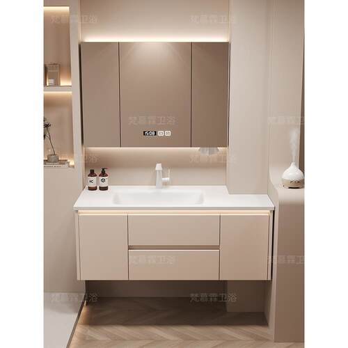 定制切角岩板无缝盆通顶镜柜陶瓷一体盆切割隐藏折叠镜马桶侧收纳