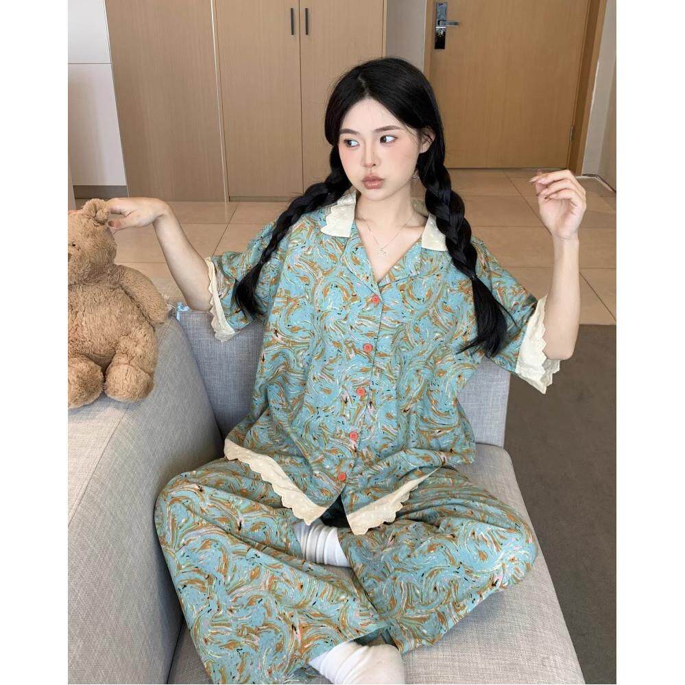 可外穿复古碎花睡衣女士2026新款夏季短袖长裤蕾丝花边家居服套装