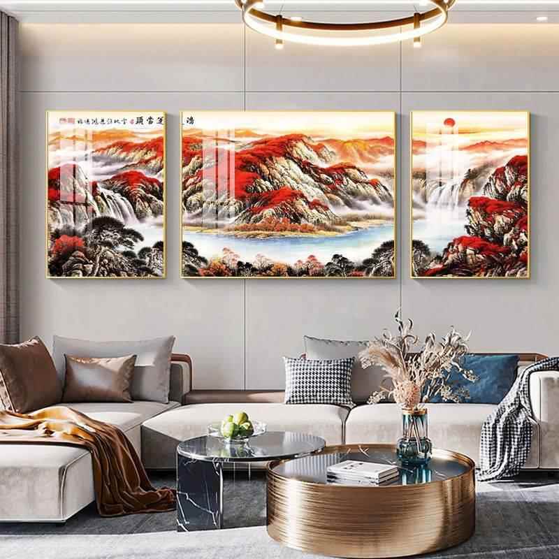 中式鸿运当头国画山水画客厅装饰画沙发背景墙招财挂画三联晶瓷画