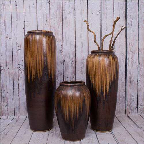 落地家居装饰花瓶花器三件套 流金岁月粗陶摆件釉上彩陶瓷花瓶