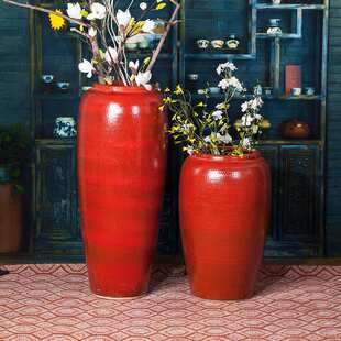 大号陶瓷景德镇 乡村 花瓶落地花瓶美式陶瓷摆件红色三件套花瓶