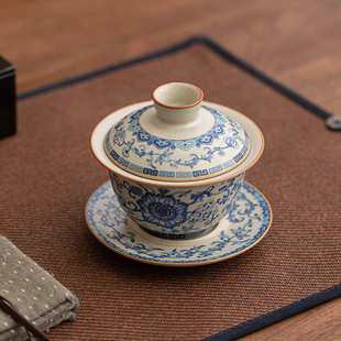 汝窑青花三才盖碗茶杯单个高档带盖家用中国风功夫泡茶碗茶具套装