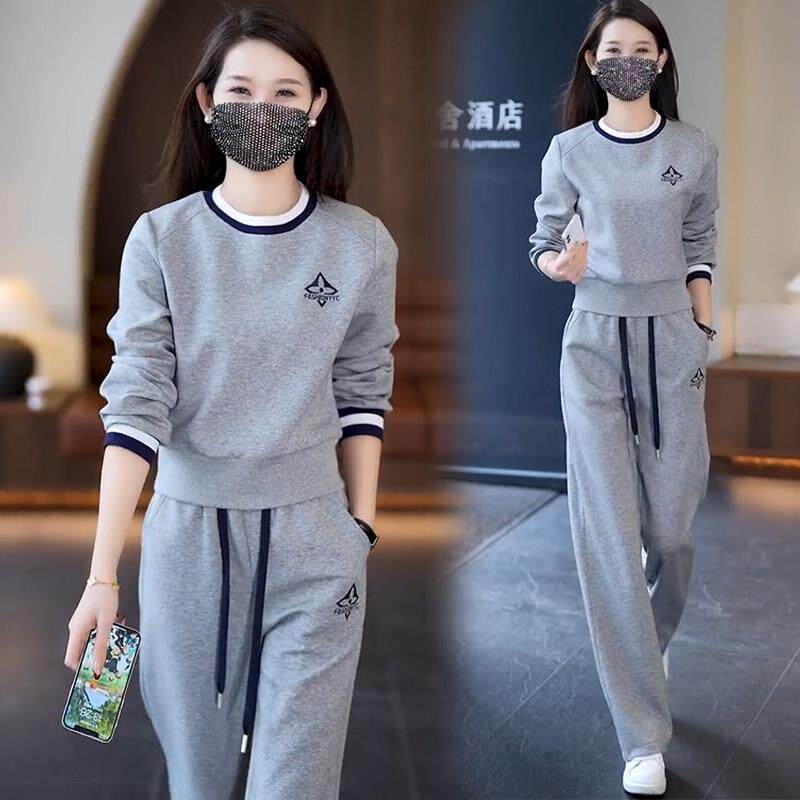 高档灰色休闲运动服套装女春秋新款洋气减龄圆领卫衣阔腿裤两件套