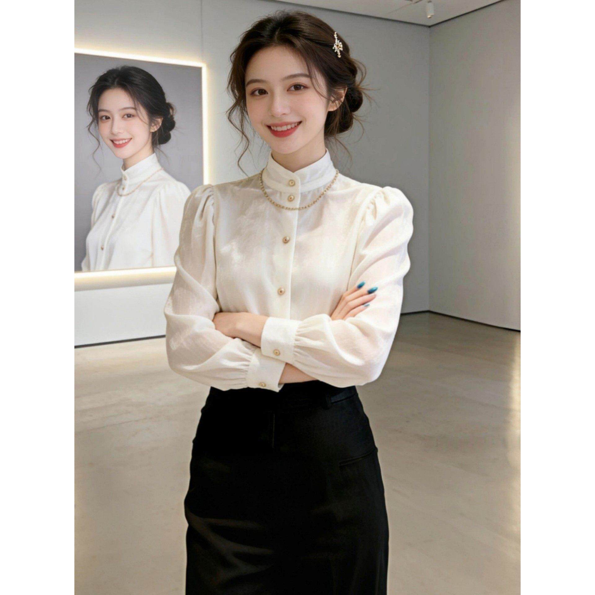 法式白色立领长袖衬衫女春秋新款高级感内搭叠穿衬衣通勤打底上衣
