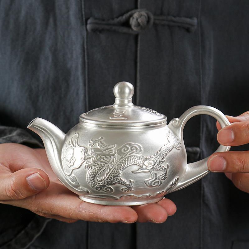 纯手工大号银茶壶紫砂鎏银镶银功夫茶具高档办公龙凤防烫养生茶具