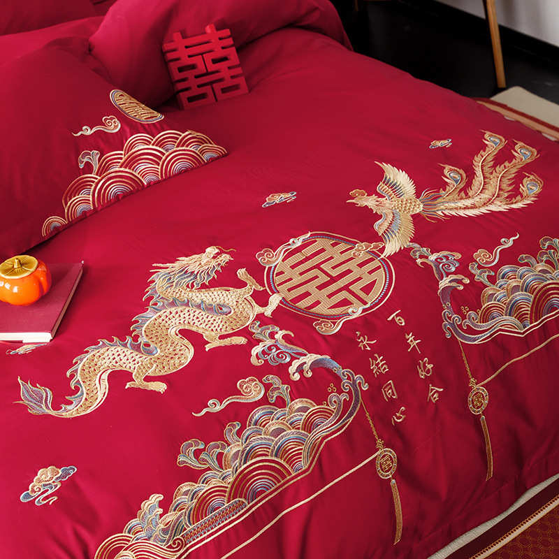 龙凤被婚庆床上用品刺绣喜中式结婚被套四陪嫁件套大红色纤维