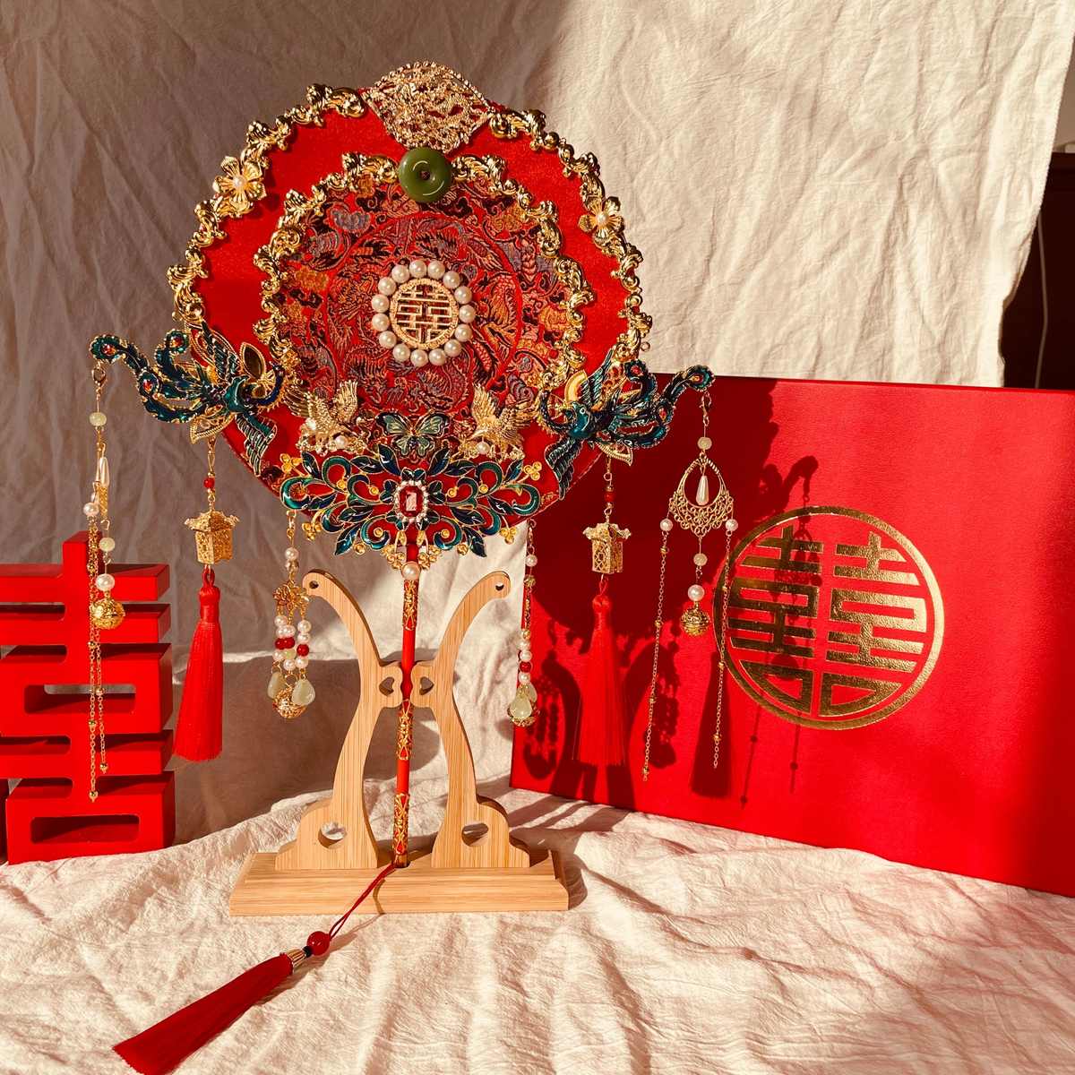 DIY婚礼扇子新婚嫁妆香槟色喜扇中式团扇