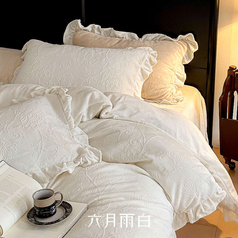 六月雨白[芝士]法式少女秋冬保暖加厚防静电牛奶绒四件套床单床上
