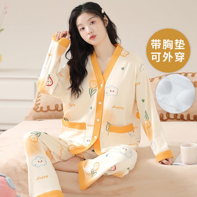 春秋款睡衣女大码和服自带胸垫一体长袖套装夏冬季学生开衫家居服