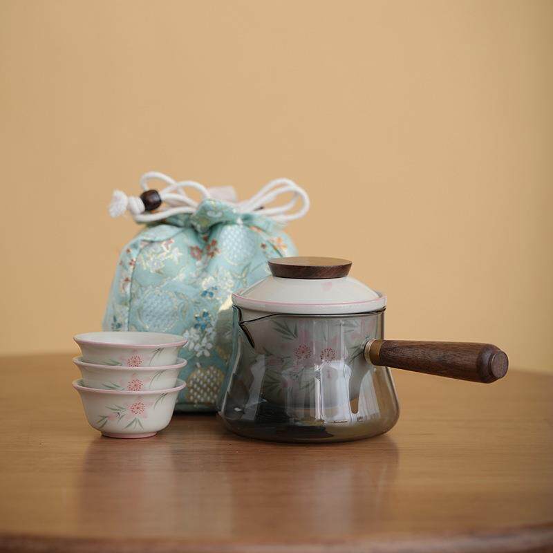 手绘桃花侧把一壶三杯玻璃旅行茶具便携式户外泡茶壶茶杯收纳布包