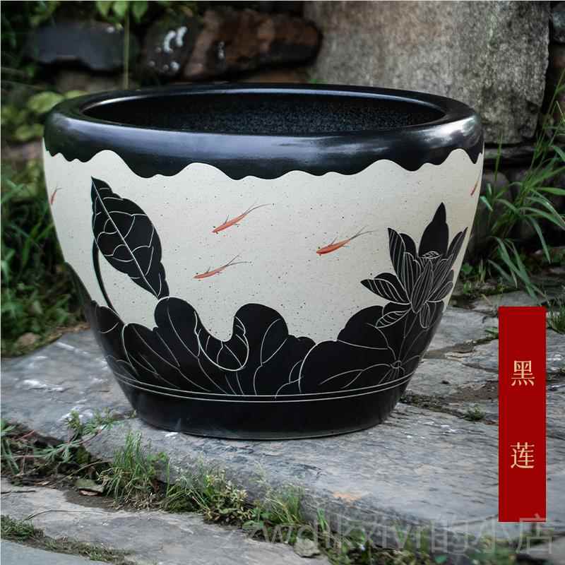 新款景德镇黑色刻陶瓷金缸客厅老雕式大水缸庭院荷莲花缸睡鱼缸乌