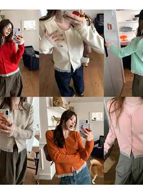 im向 日光圆舞曲~早秋圆领针织衫女蕾丝花边假两件拼接毛衣开衫