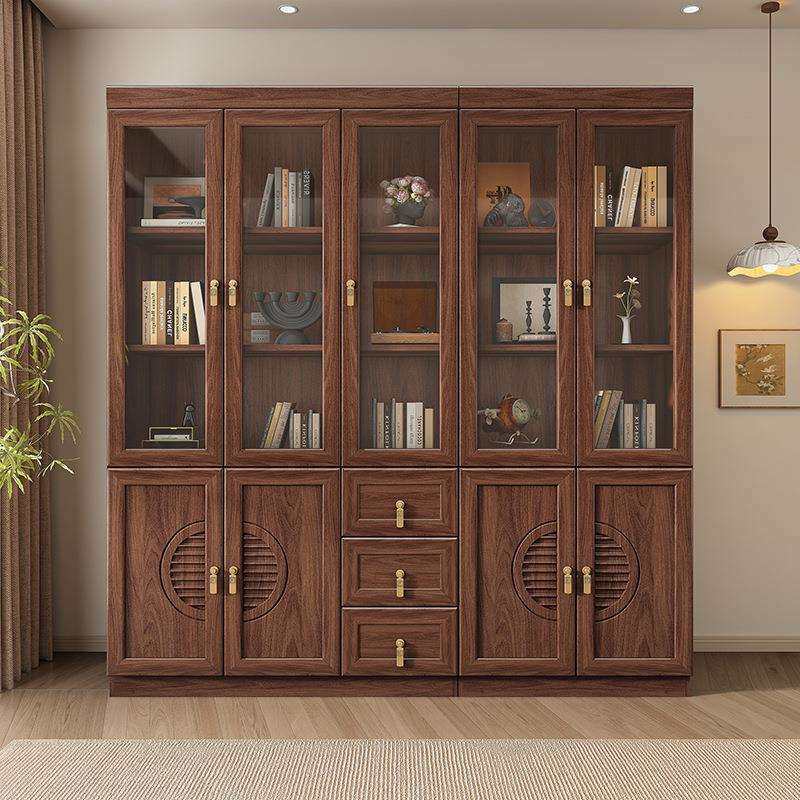 新中式办公室木书9503B柜用落墙地实储物柜一体整带玻璃门带抽屉