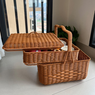 买菜篮子手提野餐蓝仿藤编织购物特大号收纳筐手工水果采摘框家用