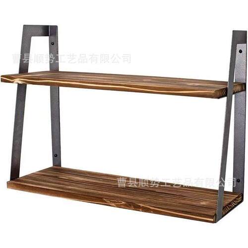简约复古双层墙上置物架铁木结合壁挂书架家用装饰一字隔板收纳架