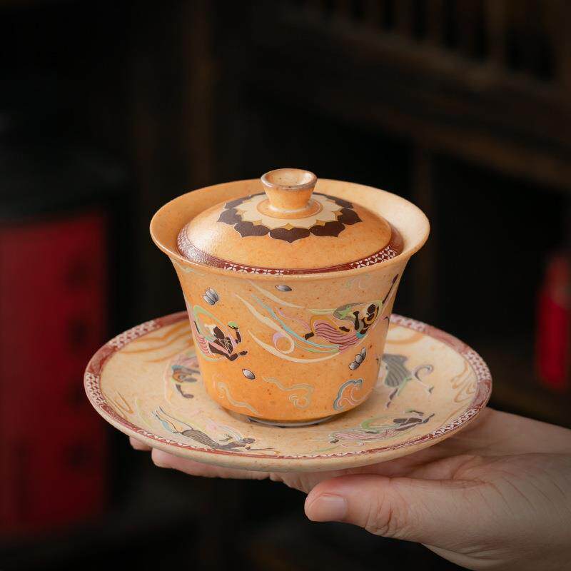 敦煌飞天印象三才盖碗手绘仿古敬茶盖碗茶杯陶瓷茶具粗陶分茶杯碗