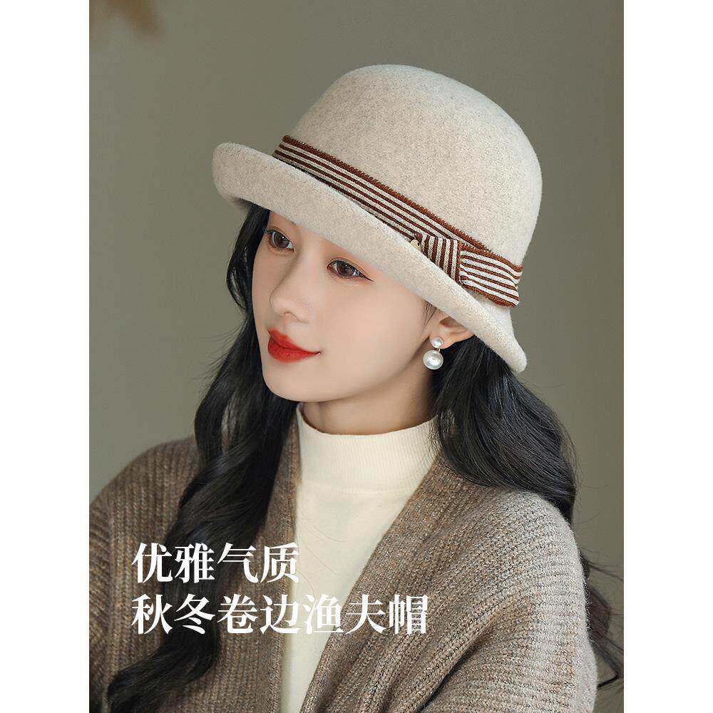 渔夫帽女士秋冬羊毛卷边盆帽2025新款时尚优雅圆顶礼帽毛呢毡帽子
