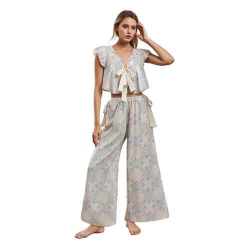 Women 2 Piece Floral Printpajamas Set Tie Front Fly Sleeves
