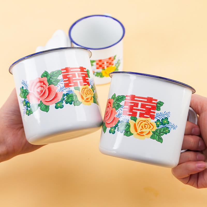 正诚网红草莓蛋糕搪瓷杯带盖子喜庆覆古囍字杯大红花色甜品陶瓷杯