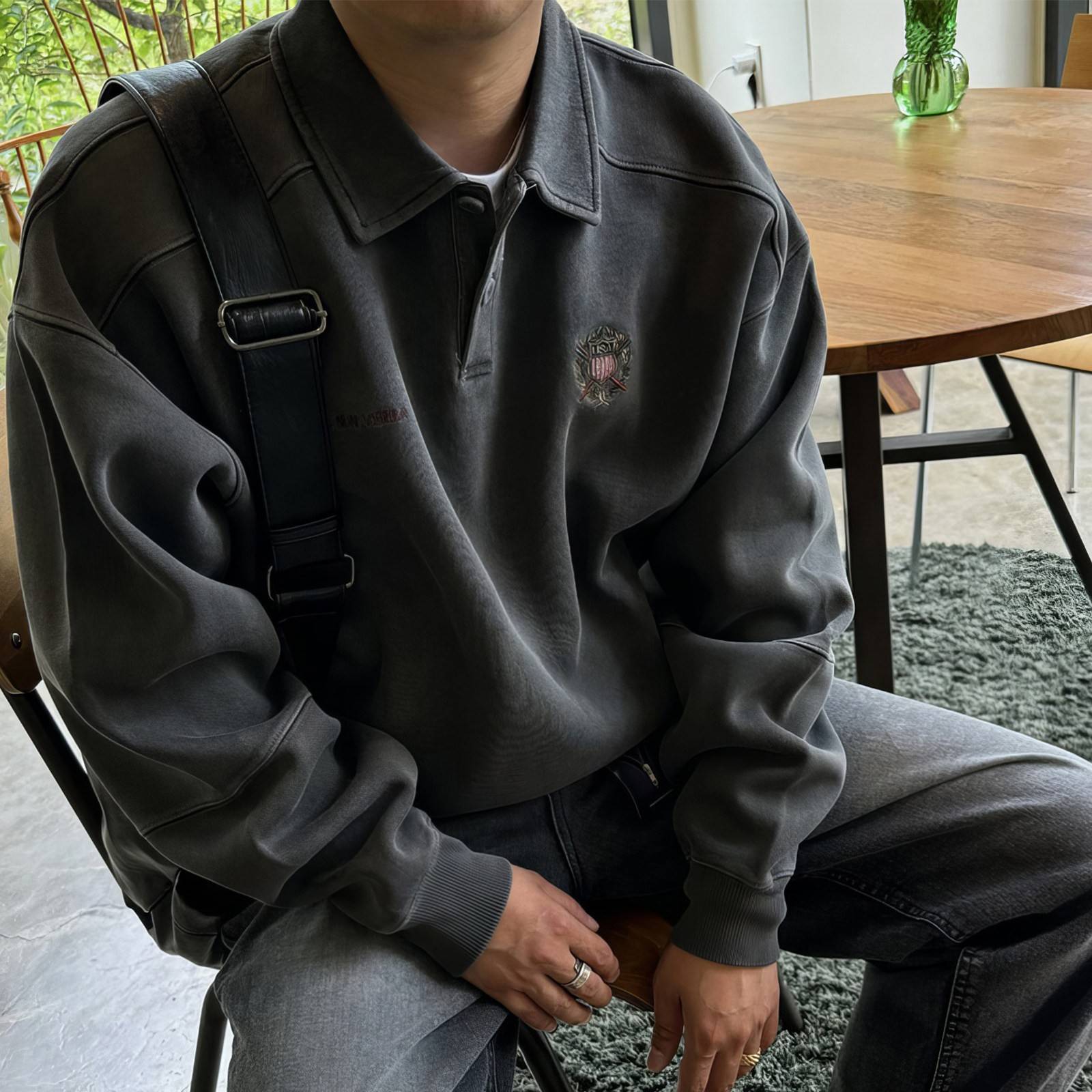 翻领刺绣POLO衫卫衣男春秋美式覆古做旧水洗重磅上衣休闲套头外套