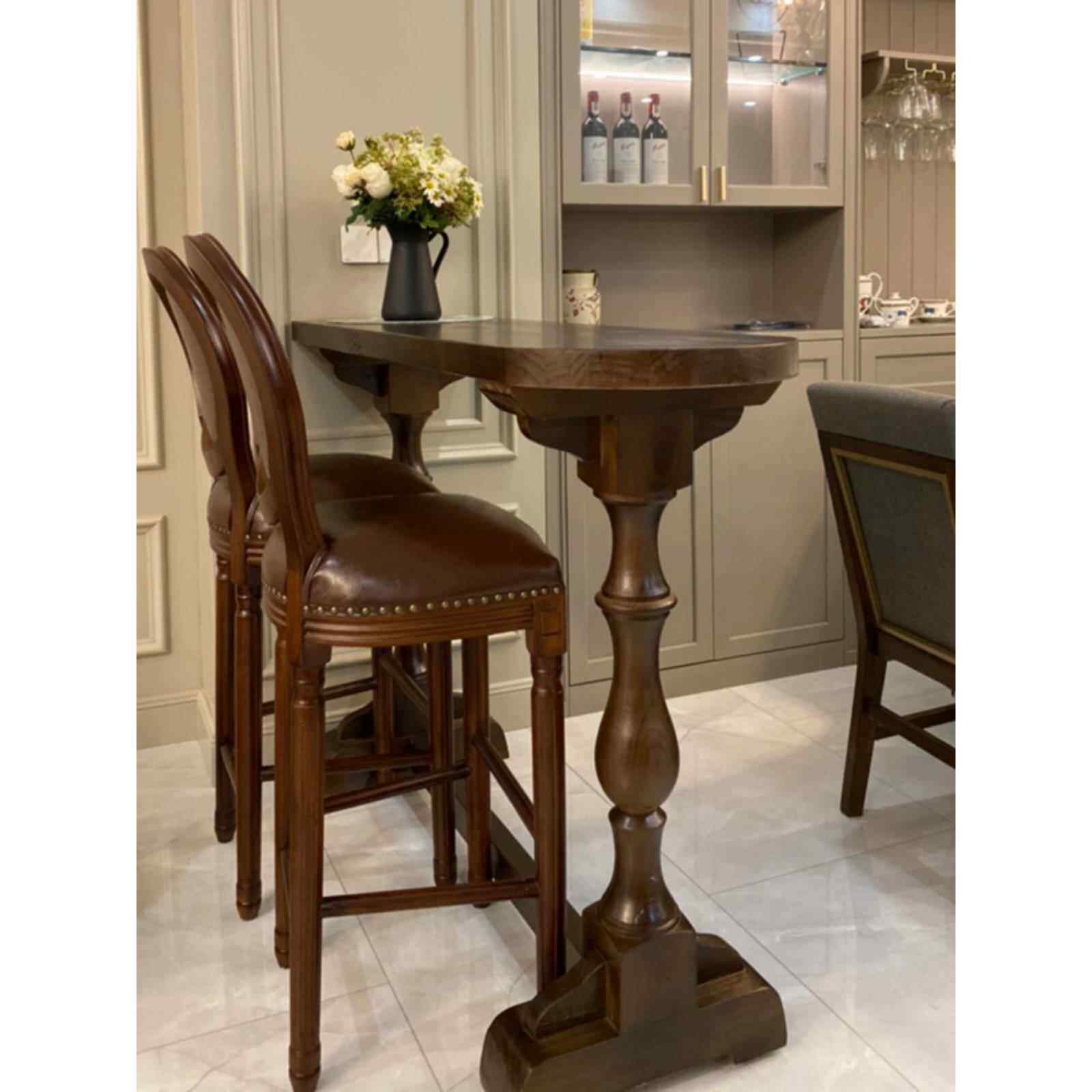 美式乡村覆古实木吧台桌罗马柱厨房阳台靠窗客厅高脚纯原桌椅组合