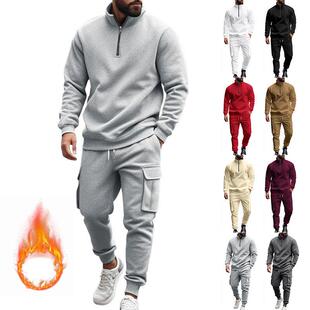 Men's Casual Fleece Lined Zipper Work Pants Set Thick Fabric