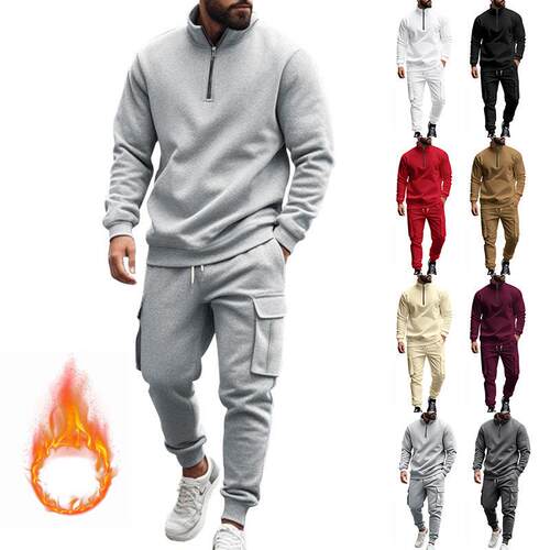 Men's Casual Fleece Lined Zipper Work Pants Set Thick Fabric