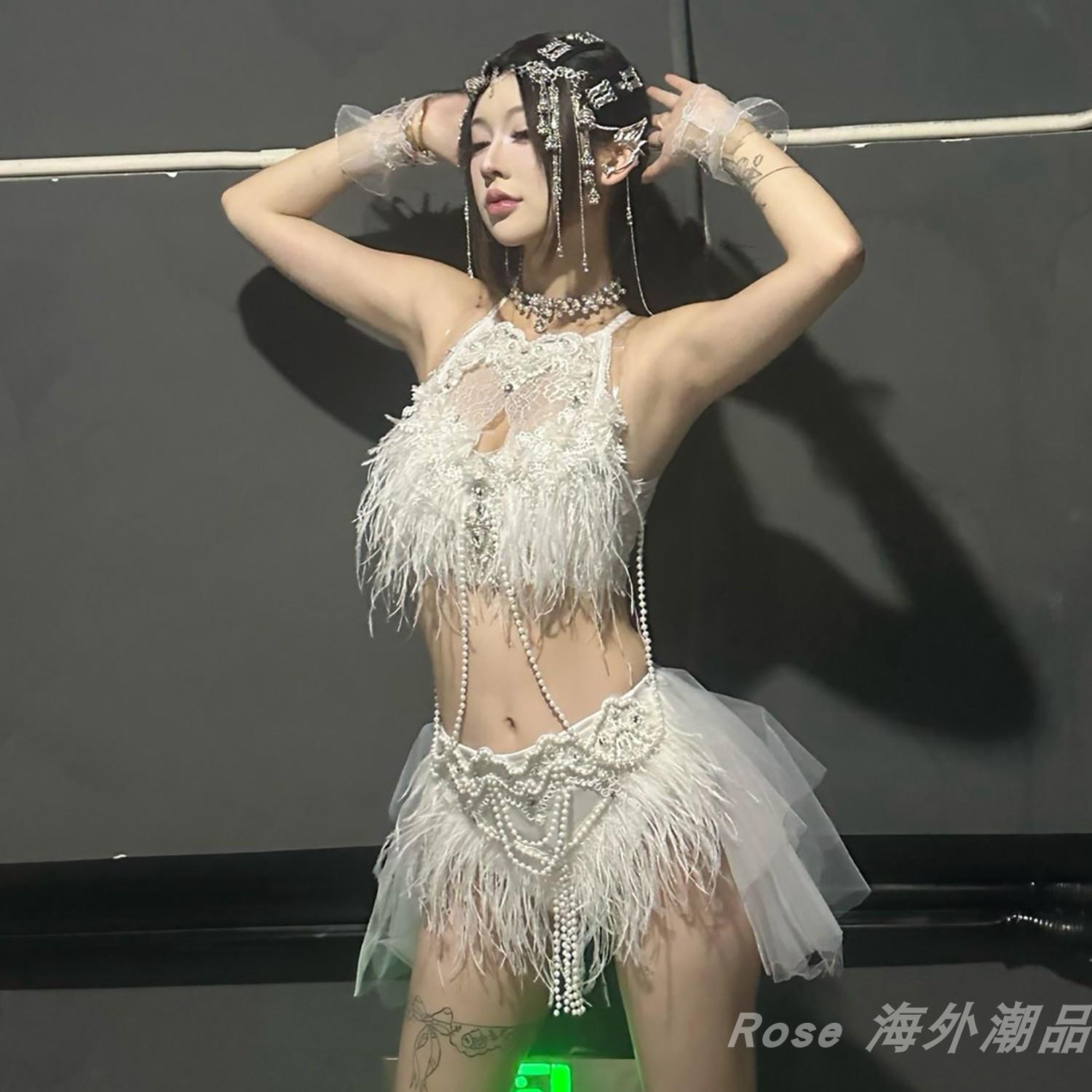 时尚爆款白色蕾丝羽毛网纱纯欲套装酒吧DJ花滑啦啦队拉丁舞演出服