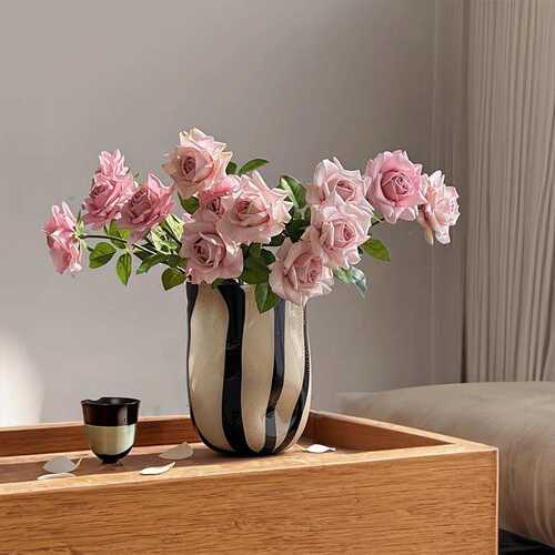 复古条纹玻璃花瓶高级感轻奢中古风客厅插花装饰品摆件醒花桶
