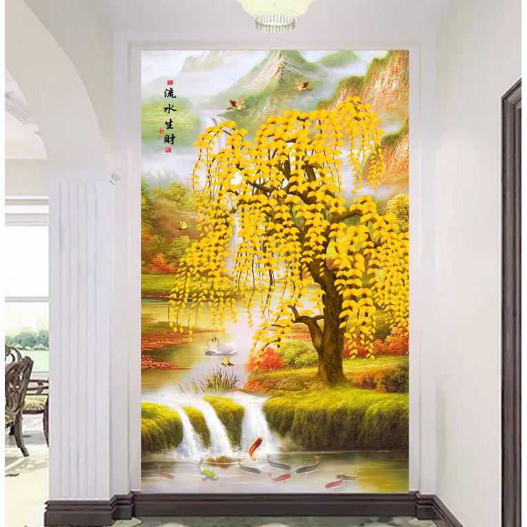 自粘墙贴画流水生财发财树麋鹿风景油画玄关壁画客厅走廊过道贴纸