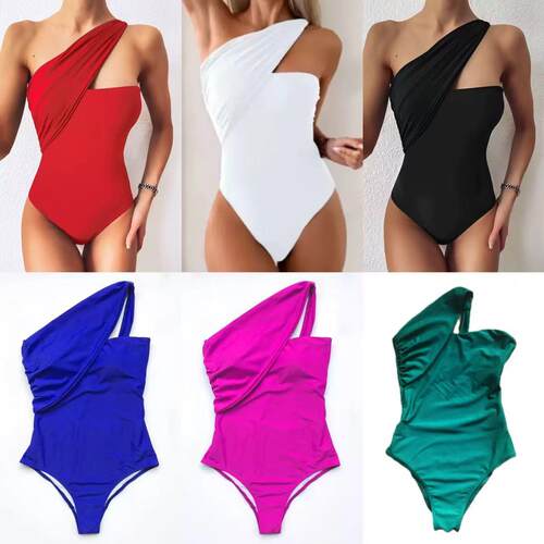 Women's one-piece swimsuit with sloping shoulders and