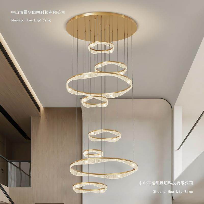 新款复式旋转楼梯吊灯别墅中空loft客厅大吊灯全铜现代简约挑空灯