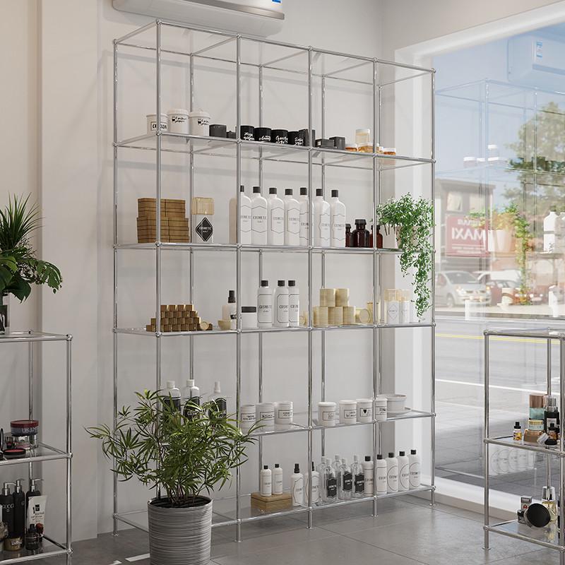 简约不锈钢落地多功能玻璃服装店置物架轻奢酒柜透明展示柜收纳架