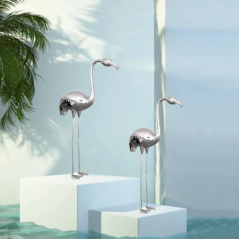 厂家直销仿真火烈鸟摆件微景观造景装饰品户外不锈钢小白鹤摆设件