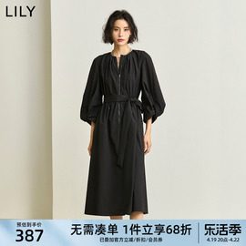 LILY2024春女装宽松圆领黑色气质连衣裙长款灯笼袖长裙小黑裙