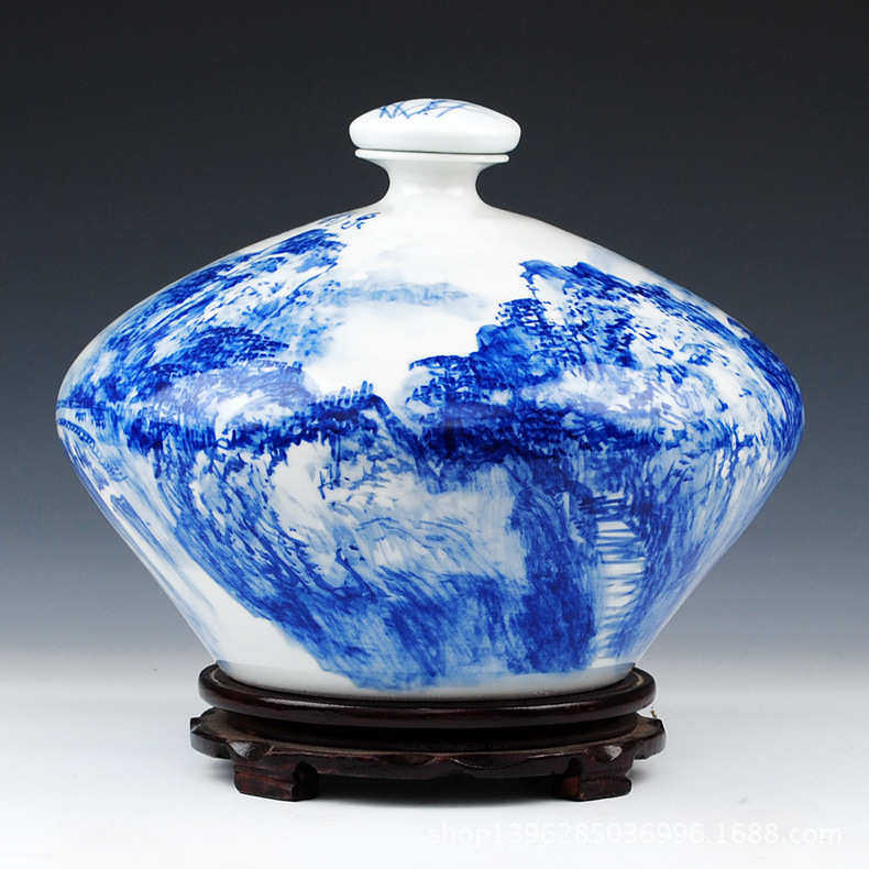 景德镇花瓶吴文瀚手绘青花山水10斤装陶瓷泡酒瓶密封白酒瓶批发