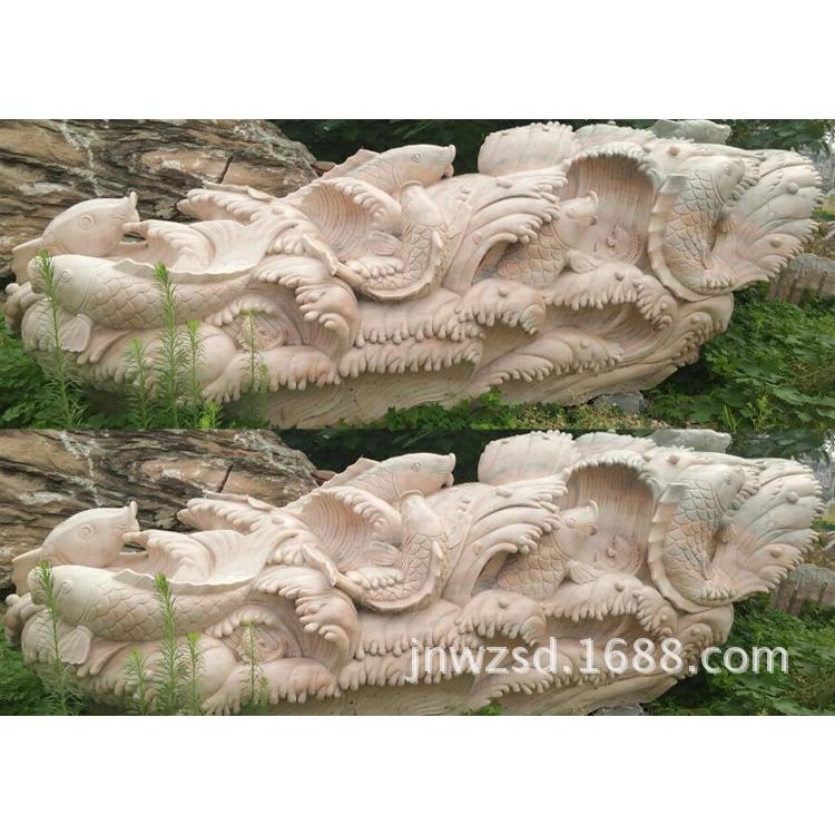 庭院装饰大理石鸿福轮图片 家庭摆放花岗岩鲤鱼荷花浮雕水车价格