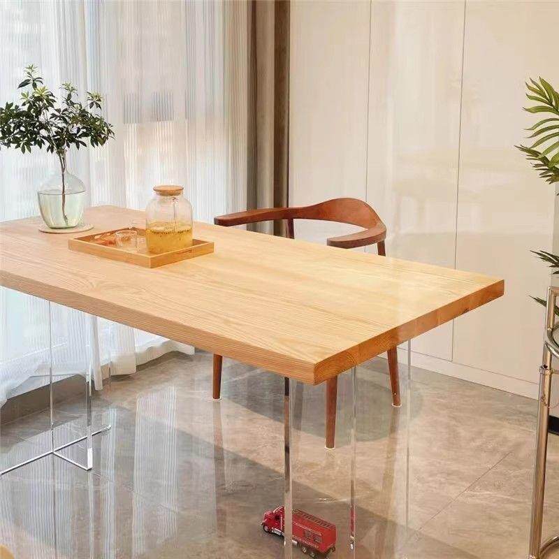 亚克力实木悬浮餐桌椅小户型原木风客厅书桌电脑桌长方形吃饭桌子